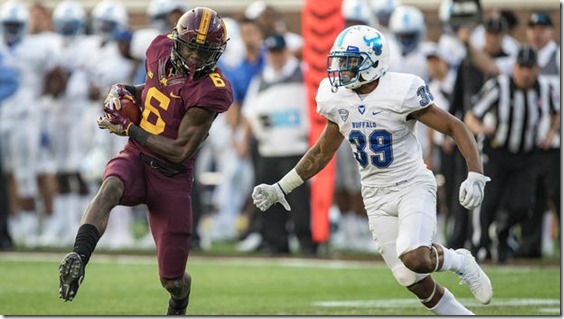 Minnesota Golden Gophers wide receiver Tyler Johnson (6) rushes with the ball after making a catch as Buffalo Bulls cornerback Cameron Lewis (39) plays defense during their game last week in Minneapolis. Johnson, a Minneapolis native and former Minneapolis North standout, is becoming the Gophers' go-to receiver. Jesse Johnson / USA TODAY Sports