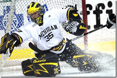 Michigan goaltender Bryan Hogan (#35) plays against Western Michigan University at Yost Ice Arena on Saturday, March 14, 2009 in their second CCHA Quarterfinal game. The Wolverines won, 6-1. (CLIF REEDER/Daily) 