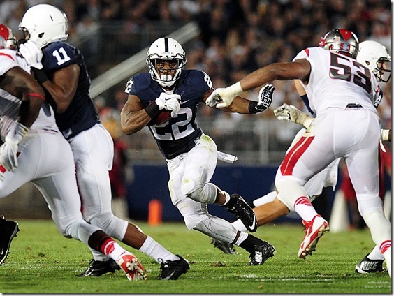 Sep 19, 2015; University Park, PA, USA; Penn State Nittany Lions running back Akeel Lynch (22) runs with the ball in the first quarter against the Rutgers Scarlet Knights at Beaver Stadium. Mandatory Credit: Evan Habeeb-USA TODAY Sports