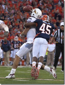 Robert K. O'Daniell/The News-GazetteIllinois linebacker Jonathan Brown (45) sacks Arizona State quarterback Brock Osweiler (17) in the college football game between Illinois and Arizona State at Memorial Stadium in Champaign, Ill. on  Saturday, September 17, 2011.