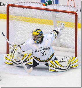 Shawn Hunwick of the Michigan hockey team plays against Windsor in an exhibition match at Yost Ice Arena on Sunday, October 4th 2009(SAID ALSALAH/DAILY)