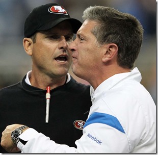 DETROIT, MI - OCTOBER 16: Jim Harbaugh head coach of the San Francisco 49ers argues with Jim Schwartz of the Detroit Lions during the NFL game at Ford Field on October 16, 2011 in Detroit, Michigan.  (Photo by Leon Halip/Getty Images)