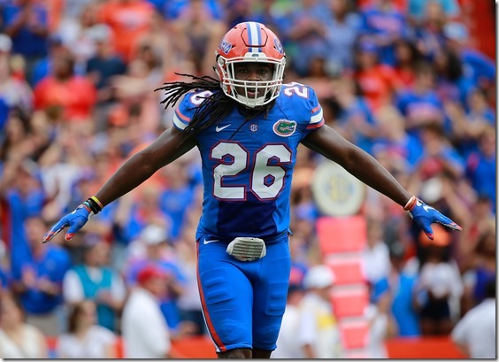 Nov 21, 2015; Gainesville, FL, USA; Florida Gators defensive back Marcell Harris (26) reacts against the Florida Atlantic Owls during the second quarter at Ben Hill Griffin Stadium. Mandatory Credit: Kim Klement-USA TODAY Sports