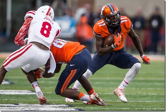 Illinois Fighting Illini wide receiver Malik Turner (11) gets a block from wide receiver Desmond Cain (86) to gain 7 yards on a catch against Nebraska in the fourth quarter at Memorial Stadium, Saturday, Oct. 3, 2015, in Champaign, Ill. Justin L. Fowler/The State Journal-Register 