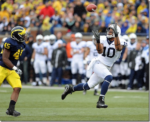 Penn State University wide receiver Andrew Quarless hauls in a long touchdown pass over Michigan linebacker Obi Ezeh during second quarter action of the Nittany Lion's 35-10 pasting of Michigan, Saturday, October 24th at Michigan Stadium.
Lon Horwedel | AnnArbor.com