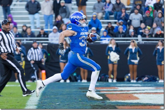 December 29, 2015: Air Force Falcons running back Timothy McVey scores a touchdown during the second half of the Lockheed Martin Armed Forces Bowl against the California Golden Bears at Amon G. Carter Stadium in Fort Worth, TX (Photo by Mikel Galicia/Icon Sportswire)