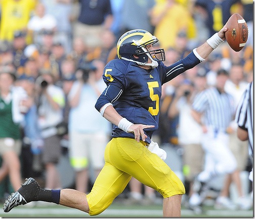 Michigan QB Tate Forcier (5) plays against Notre Dame in Ann Arbor, MI on Saturday, September 12, 2009. Michigan went on to win the game 38-34 (SAID ALSALAH/Daily)