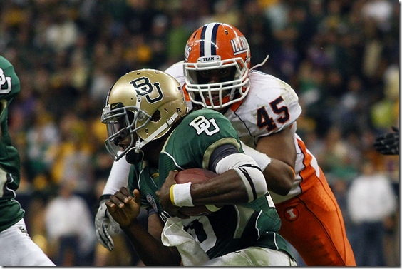 Brad Meyer The Daily Illini<br />
Illinois' Jonathan Brown (45) prepares to tackle and opponent during the Texas Bowl against Bailor University at Reliant Stadium in Houston, Texas on Wednesday, Dec. 29 2010.