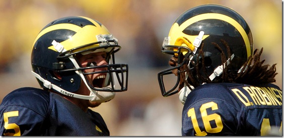 Michigan quarterbacks Tate Forcier, left, and Denard Robinson, right, celebrate Robinson's long touchdown run during first quarter action ot the Wolverine's 2009 season opener versus Western Michigan University at Michigan Stadium, Saturday, September 5th.
Melanie Maxwell| Ann Arbor.com
