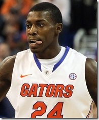 November 29, 2012; Gainesville, FL, USA;Florida Gators guard/forward Casey Prather (24) reacts after he made a shot against the Marquette Golden Eagles  during the first half at the Stephen C. O'Connell Center. Mandatory Credit: Kim Klement-USA TODAY Sports